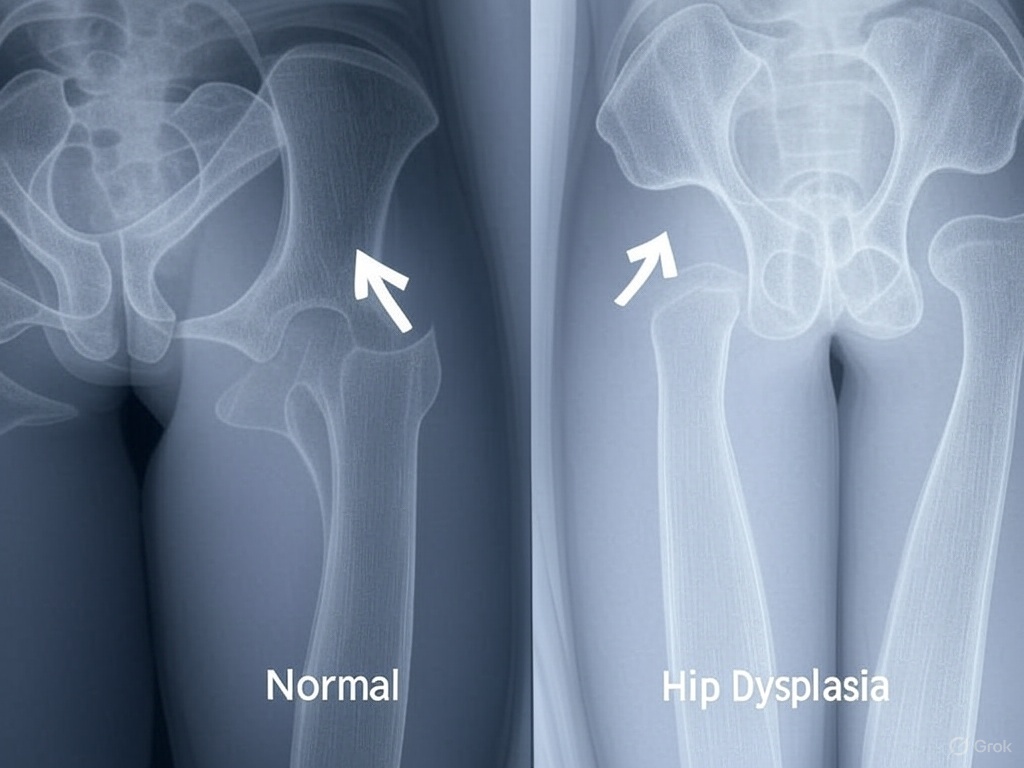 Diagram of a dog’s hip joint, comparing normal vs. dysplastic.