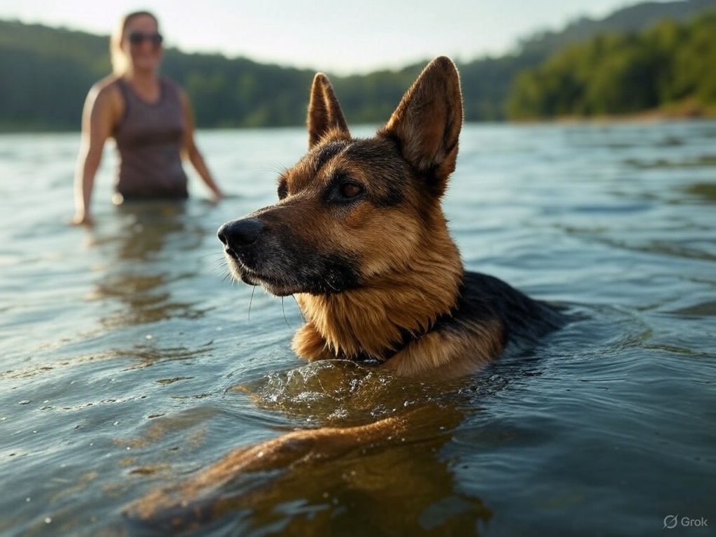 Dog swimming in a lake with a person in the background