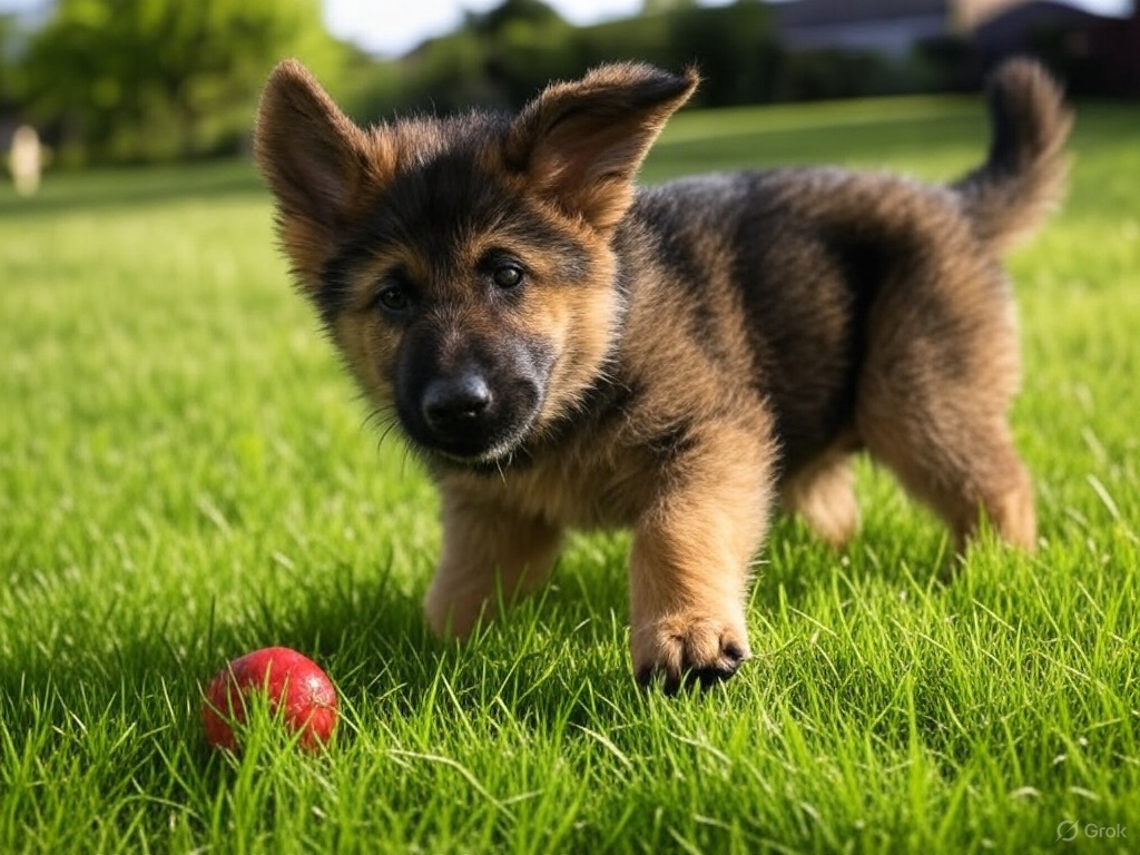 Puppy walking toward a red ball on grass