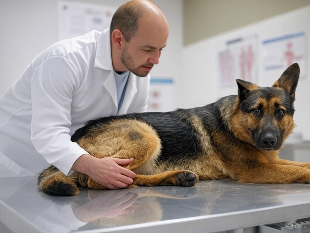 Veterinarian examining a dog for hip dysplasia