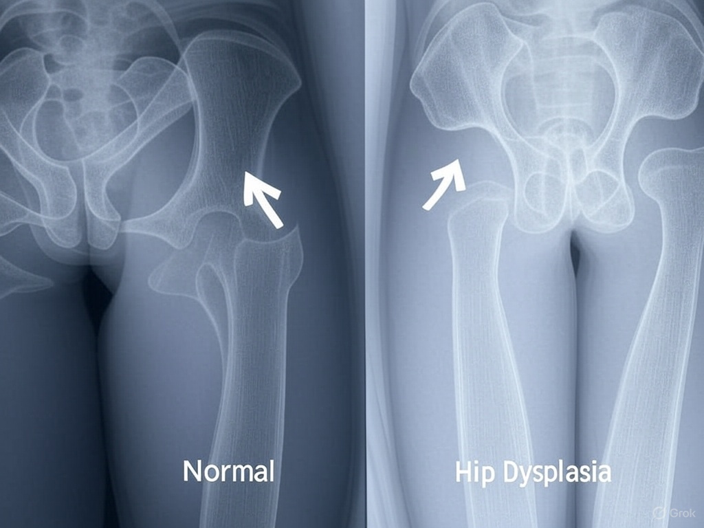 X-ray comparing a normal hip to one with hip dysplasia in a dog