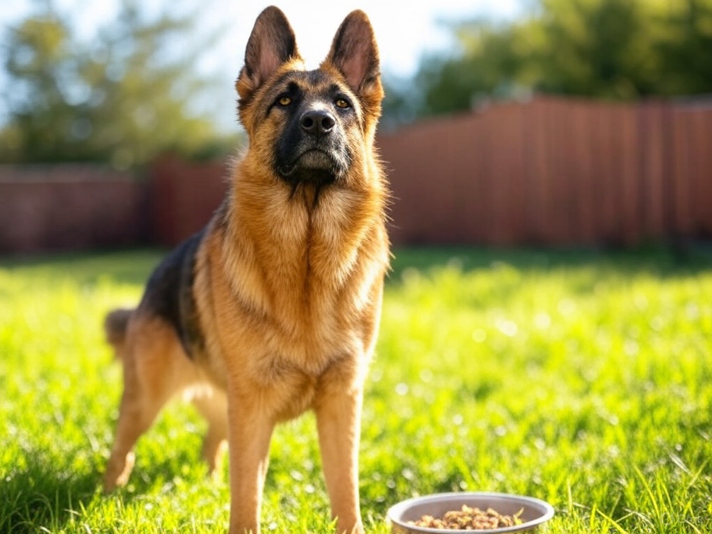 German Shepherd standing on grass near a bowl.