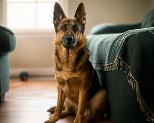 German Shepherd sitting in a cozy home. German Shepherd sitting in a cozy home.