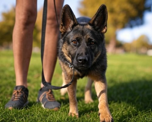 German Shepherd walking on a leash in a park. German Shepherd walking on a leash in a park.